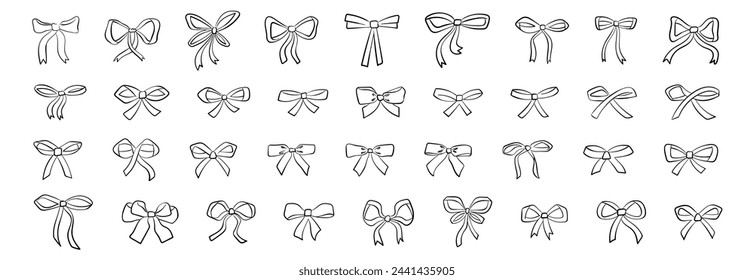 Large set of linear bows. Vector outline icons. Ribbon sketches isolated on white background