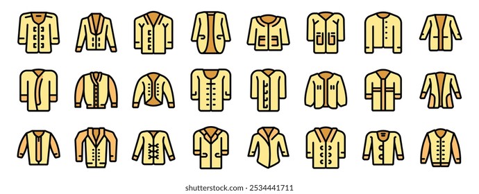 Large set of linear color icons depicting different jackets, coats and sweaters, great for e commerce and fashion websites