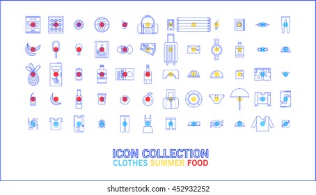 large set of linear icons clothes, summer and food