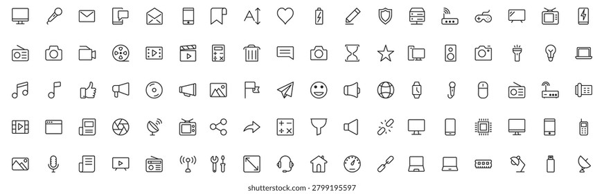 Large set of linear multimedia and communication icons, various signs and symbols for digital use.