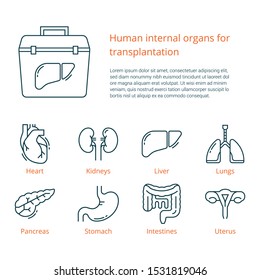 Large set of linear vector icons of human internal organs for transplantation with a place for text. Suitable for print, web, and presentations.