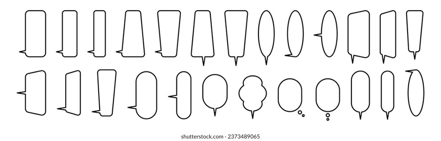 Large set of linear vertical speech bubbles. Linear shapes on white background. Long speech babble.  
