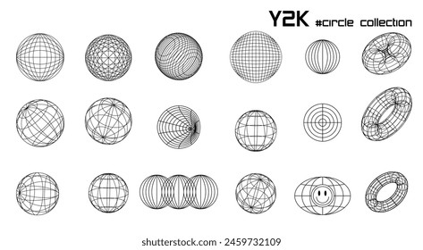 Large set linear white and black round geometric sphere frame y2k, 3d . Vector for poster, banner. 