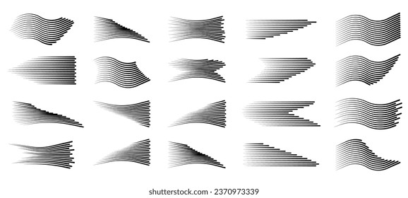 A large set of lines in the form of speed for comics or anime. Stripes in the form of a turn, zigzag, reversal, drill, arc and speral in black on a transparent background.