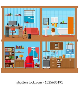 Large set of living rooms: living room, bedroom, bath, kitchen. Vector illustration on the theme of architecture.