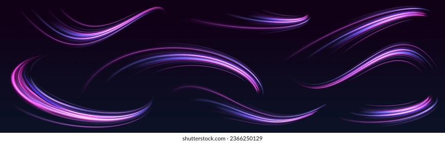 A large set of low-poly designs made of thin lines in the form of branches, spirals and arcs. Expressway, car headlight effect. Speed connection vector background.	