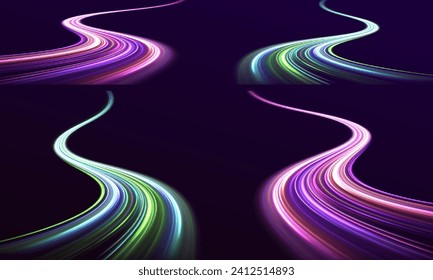 A large set of low-poly designs made of thin lines in the form of branches, spirals and arcs. Expressway, car headlight effect. Speed connection vector background.	