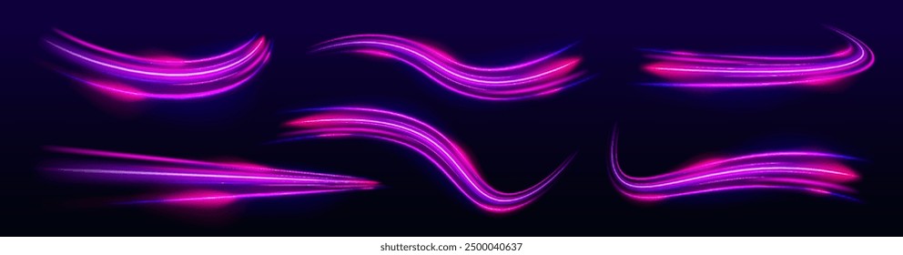A large set of low-poly designs made of thin lines in the form of branches, spirals and arcs. Expressway, car headlight effect. Speed connection vector background.	