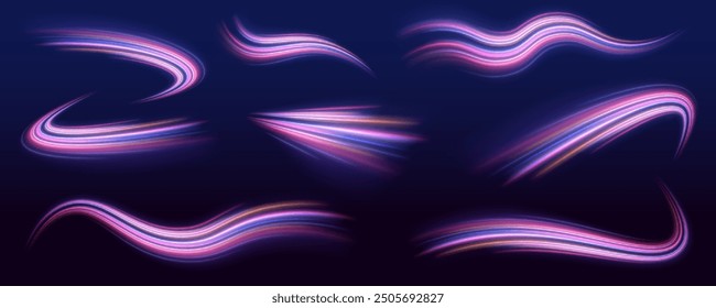A large set of low-poly designs made of thin lines in the form of branches, spirals and arcs. Expressway, car headlight effect. Luminous spiral round frame.	