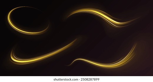 A large set of low-poly designs made of thin lines in the form of branches, spirals and arcs. Expressway, car headlight effect. Speed connection vector background.