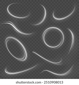 A large set of low-poly designs made of thin lines in the form of branches, spirals and arcs. Expressway, car headlight effect. Speed connection vector background.
