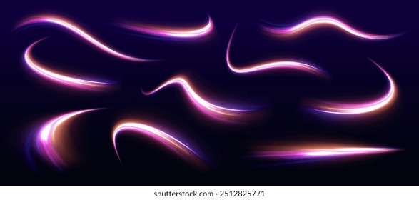 A large set of low-poly designs made of thin lines in the form of branches, spirals and arcs. Expressway, car headlight effect. Speed connection vector background.