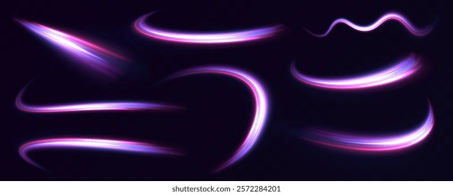 A large set of low-poly designs made of thin lines in the form of branches, spirals and arcs. Particle motion light effect. Abstract fire flare trace lens flares.	