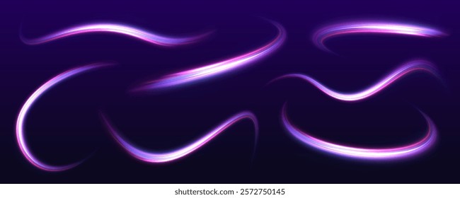A large set of low-poly designs made of thin lines in the form of branches, spirals and arcs. Particle motion light effect. Abstract fire flare trace lens flares.	