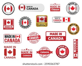 large set of made in canada icons .Collection of Canadian Stickers Featuring Maple Leaf Flag and Patriotism