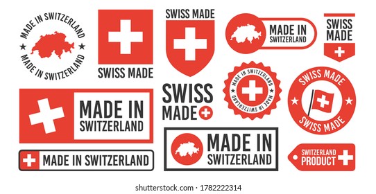 Large set of Made in Switzerland labels, signs. Swiss made badges set. Switzerlands stamp templates. Vector illustration.