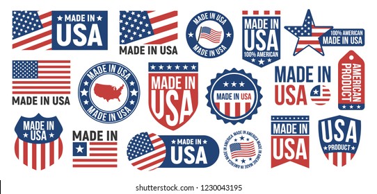 Large set of Made in USA labels, signs. USA patriotic signs. Americans banners templates. Vector illustration.