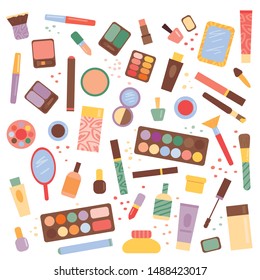 A large set of makeup. Different cosmetics and accessories. Set of items isolated on a white background. Vector illustration.