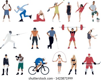 Large set of male and female athletes performing various sports activities.
Yoga, football, lifting, Boxing, tennis, skating, fencing and aerobics. Fitness and healthy lifestyle. Isolated vector.