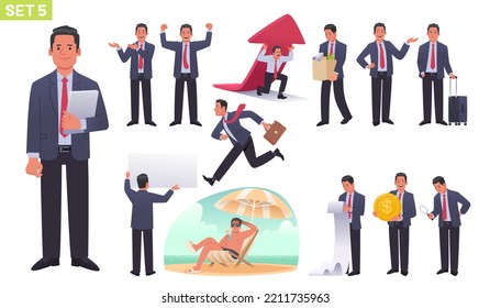 Un gran conjunto de caracteres de administrador. Empresario o empresario en diferentes poses y acciones. Hombre de negocios de vacaciones, despedido, celebrando. Ilustración vectorial en estilo plano