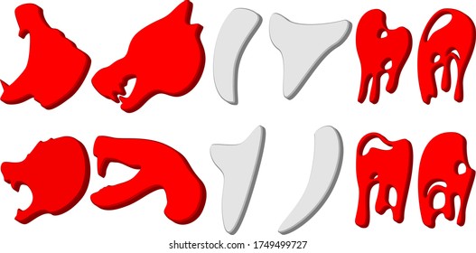 Un gran conjunto de íconos en forma de cabezas de animales, colmillos, salpicaduras y gotas de sangre. Conjunto de hipopótamos, lobos, serpientes y osos. Ilustración vectorial.