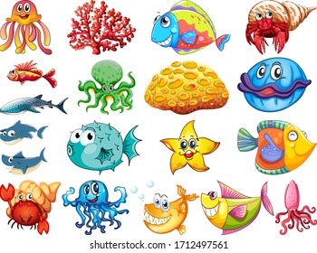 Large set of many sea creatures on white background illustration