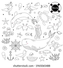 Large set of marine animals and plants. Underwater inhabitants - whale and dolphin, octopus and fish, starfish and jellyfish, turtles and seagulls, shells and corals. Vector. Line, outline. Isolated