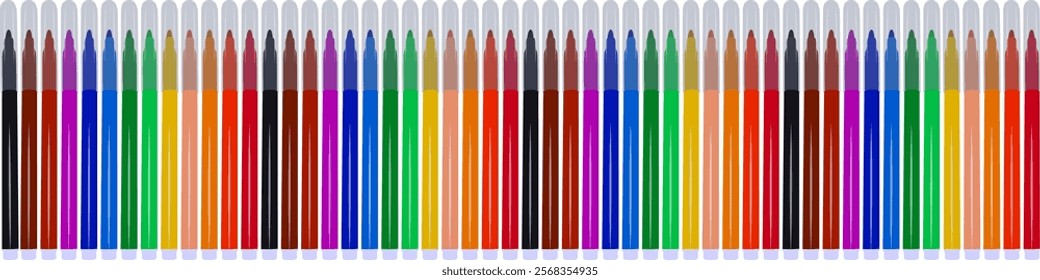 Large set of  markers with basic colors for drawing and painting. For sale and advertising markers and drawing them. Felt-tipped pen for courses on drawing. Set of markers with a cap for children.