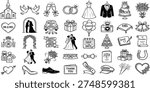 Large set of marriage icons including couple dancing rings invitation card flowers and accessories for romantic designs