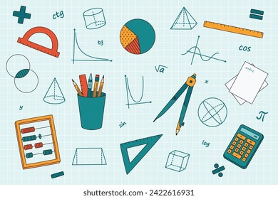 A large set of math objects, geometric figures and math expressions, Stationery. Measuring tool