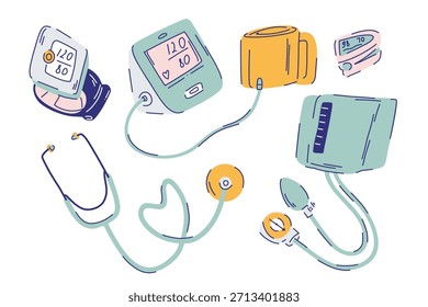 Un Grande conjunto de tonómetros mecánicos y automáticos, dispositivos para medir la presión