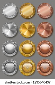 A large set of medals of various shapes on gray background. Metallic badges set. Gold, silver and bronze  awards. Medals template. Coins. Vector illustration.