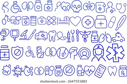 A large set of medical and healthcare line icons in blue, including doctors, medicine, tools, symbols, and equipment. Perfect for health apps, infographics, or web use.