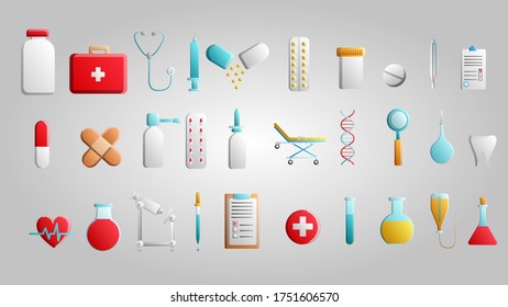 Un gran conjunto de artículos médicos científicos médicos de íconos médicos para tratar enfermedades en un hospital con antecedentes blancos. Ilustración vectorial.