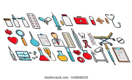 A large set of medicine items icons prickles prickles pills icons of medical instruments doctor microscopes flasks capsules cans syringes on a white background flat lay top view. Vector illustration