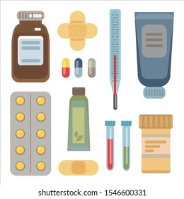 Large set of medicines, pills, tablets, thermometer, plasters, test tubes. Elements of medicine, healing and treatment of seasonal colds. Vector illustration in flat style.