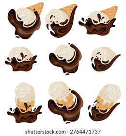 large set of melting ice cream, namely cones, cups and ice cream balls with melted dark chocolate of various shapes, for thematic printing, stickers or social networks
