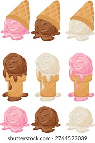 large set of melting ice cream, namely cones, cups and ice cream scoops in various shapes and flavors, for thematic printing, stickers or social networks