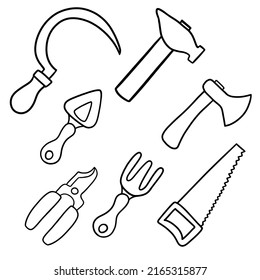 A large set of metal garden tools for pruning plants, for caring for plants, vector illustration on a white background, A set of pictures, coloring book