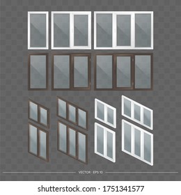 Un gran conjunto de ventanas de metal-plástico con gafas transparentes en 3D. Ventana moderna de estilo realista. Isometry, ilustración vectorial.