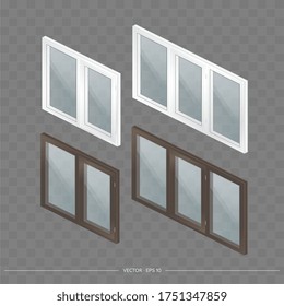 A large set of metal-plastic windows with transparent glasses in 3D. Modern window in a realistic style. Isometry, vector illustration.