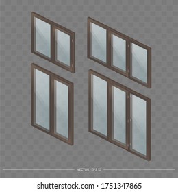 A large set of metal-plastic windows with transparent glasses in 3D. Modern window in a realistic style. Isometry, vector illustration.
