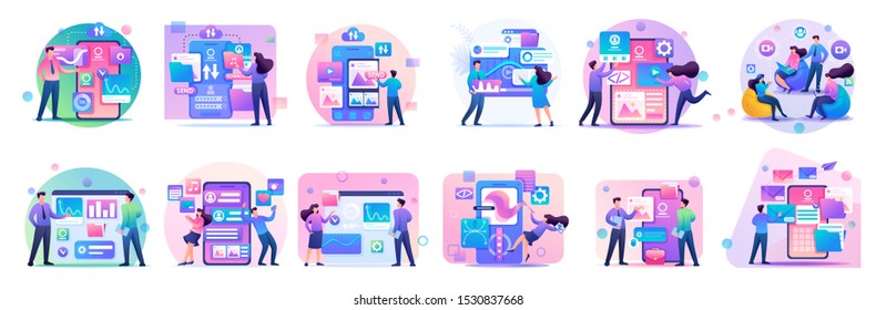 Large set of mini concepts of people working on smartphones, tablets, managing gadgets. Basis for web design and application design