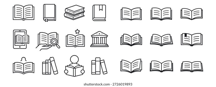 Ein großer Satz minimalistischer linearer Symbole, die ausschließlich dem Thema Bücher, Lesen, Bibliotheken und Bildung gewidmet sind und in einem sauberen Schwarz-Weiß-Stil mit dünnen Umrissen und ohne Füllung entworfen wurden.