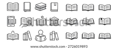A large set of minimalist linear icons entirely dedicated to the theme of books, reading, libraries, and education, designed in a clean black and white style with thin outlines and no fill.