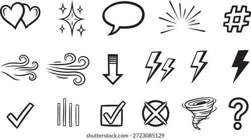 grande conjunto de ícones desenhados à mão diversos com corações brilhos balão relâmpagos raios símbolos meteorológicos e elementos de interface