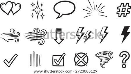 large set of miscellaneous hand drawn icons featuring hearts sparkles speech bubble lightning bolts weather symbols and interface elements