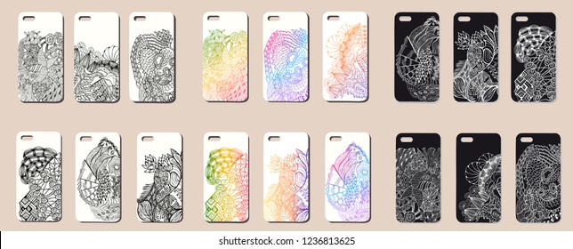 Large set of  mobile phone cases. Vector background in zentangle style.  Handdrawn elements.