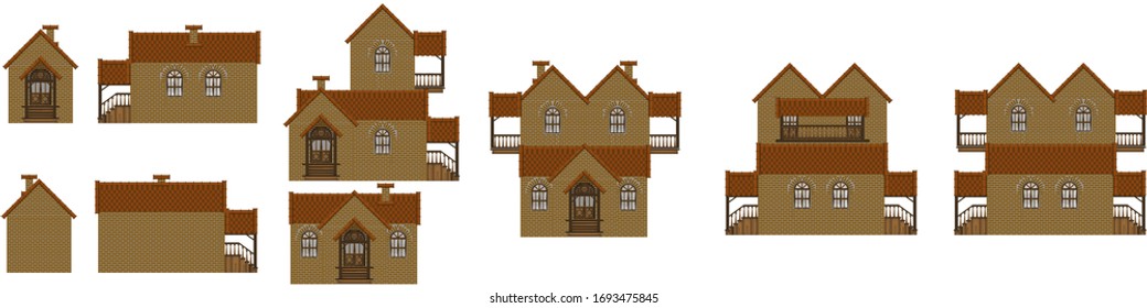 Gran conjunto con modelos de casas de ladrillo. Casa. cabaña.