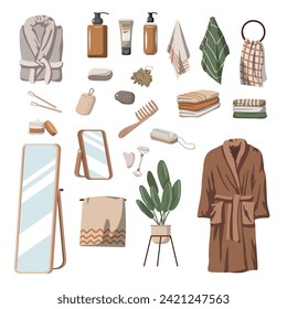 large set of modern bathroom decor items, bathroom items, towels, brush, washcloths, soap, mirror, robe and other decor. Vector illustration on white background